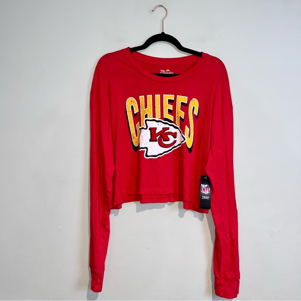 Majestic KC Kansas City Chiefs Long Sleeve Cropped T-Shirt Sz L